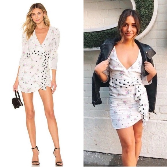 FOR LOVE LEMONS Floral Puff Sleeve Ruched Heart‎ Ruffle Belt Faux Wrap Dress XS - Picture 2 of 16